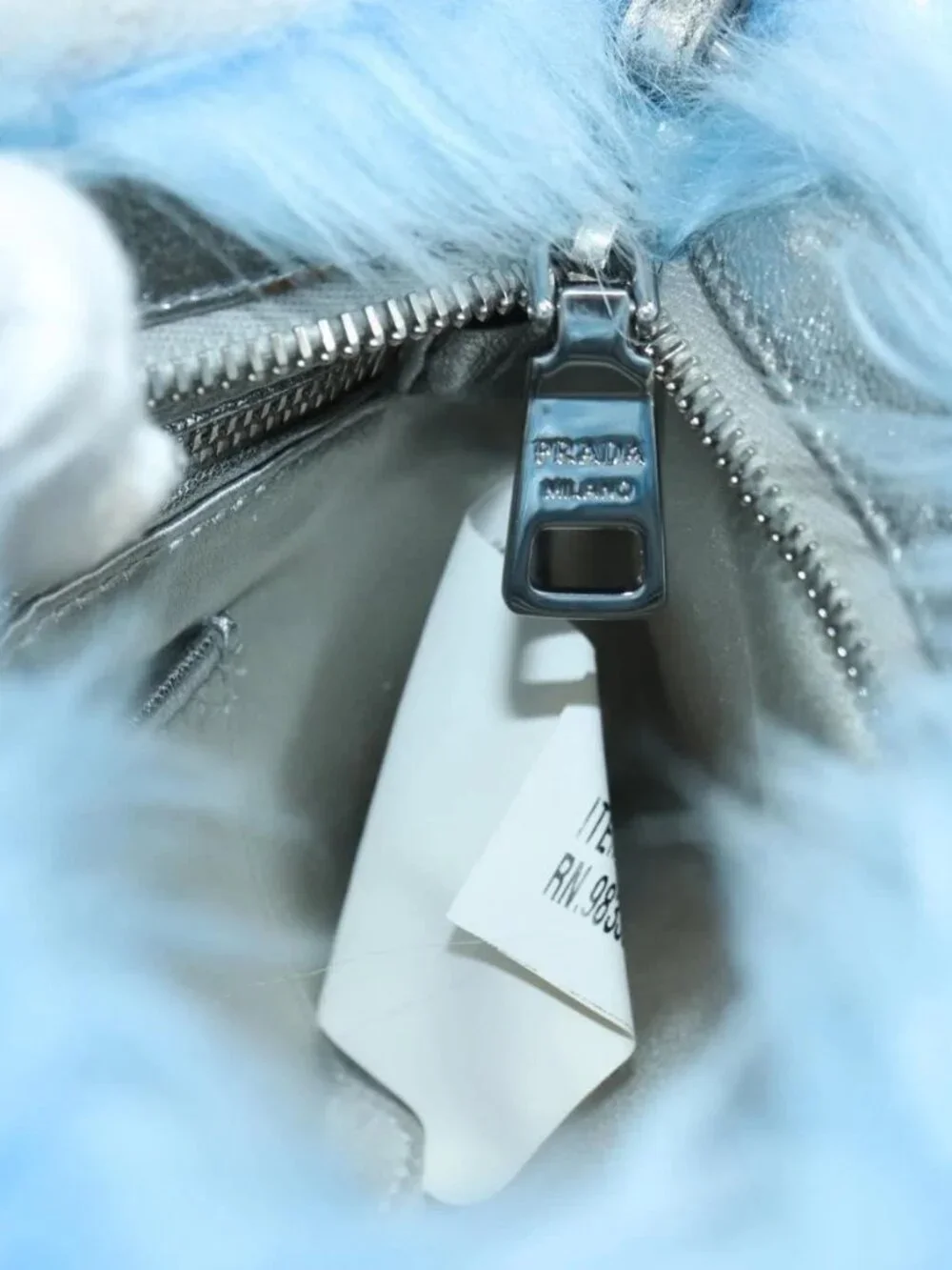PRADA Clutch Bag Fur Silver Light Blue Auth